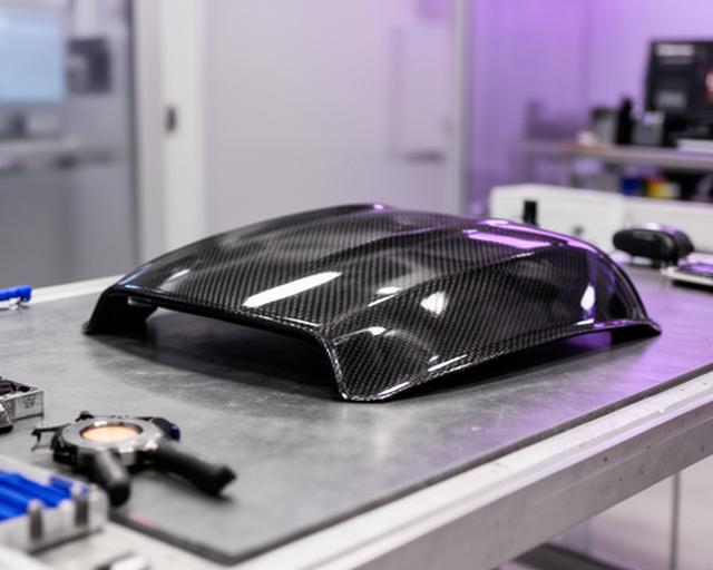 Pieza automotriz de fibra de carbono con acabado brillante, apoyada sobre banco de inspección en taller