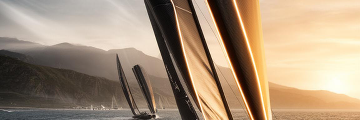 Mástil y botavara de velero de regata fabricados en fibra de carbono junto a una costa ventosa al atardecer