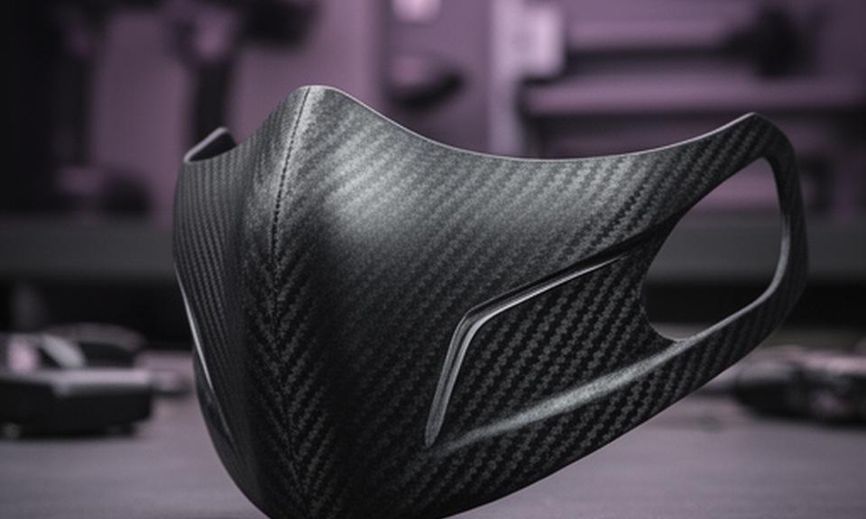 Máscara facial deportiva personalizada de fibra de carbono con ajuste anatómico y líneas suaves sobre fondo de taller
