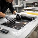 Técnico de producción laminando fibra de carbono con guantes y mesa de trabajo ordenada