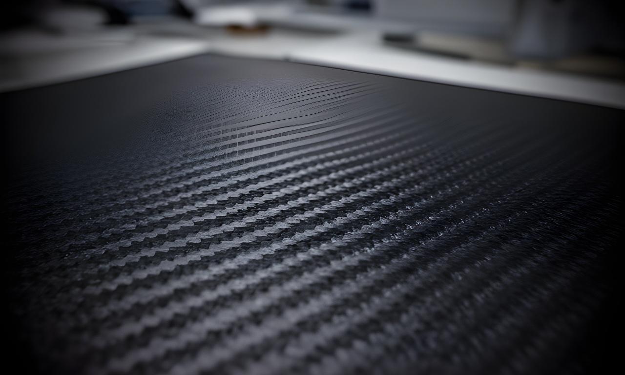 Textura de fibra de carbono con iluminación tenue sobre una mesa de ingeniería