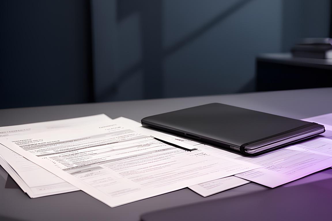 Documentos legales y una notebook sobre un escritorio sobrio en una oficina técnica