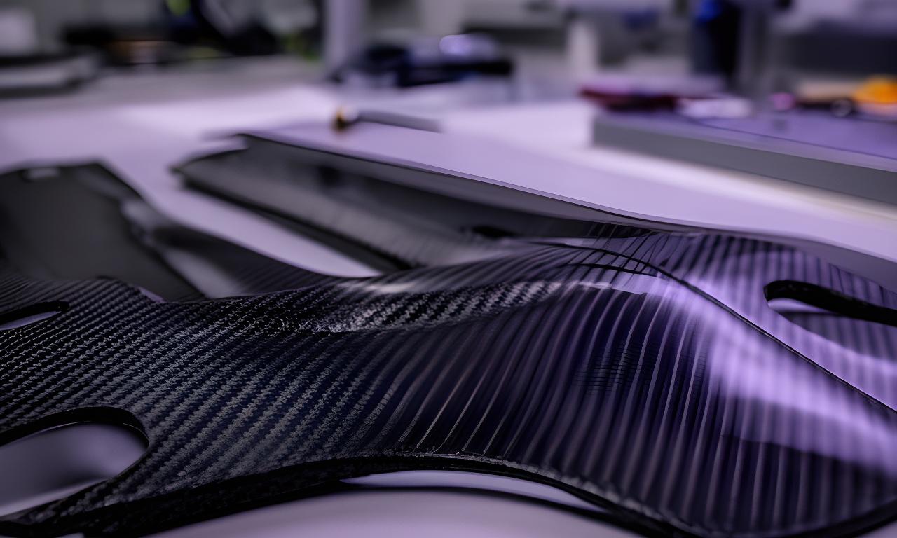 Plano técnico de una pieza de fibra de carbono sobre una mesa de diseño en un taller moderno
