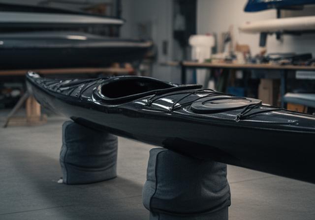 Kayak de competencia de fibra de carbono sobre caballetes en un taller de náutica con acabado negro brillante
