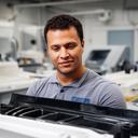Ingeniero mecánico observando una pieza de compuesto en el taller de Villa Nougues